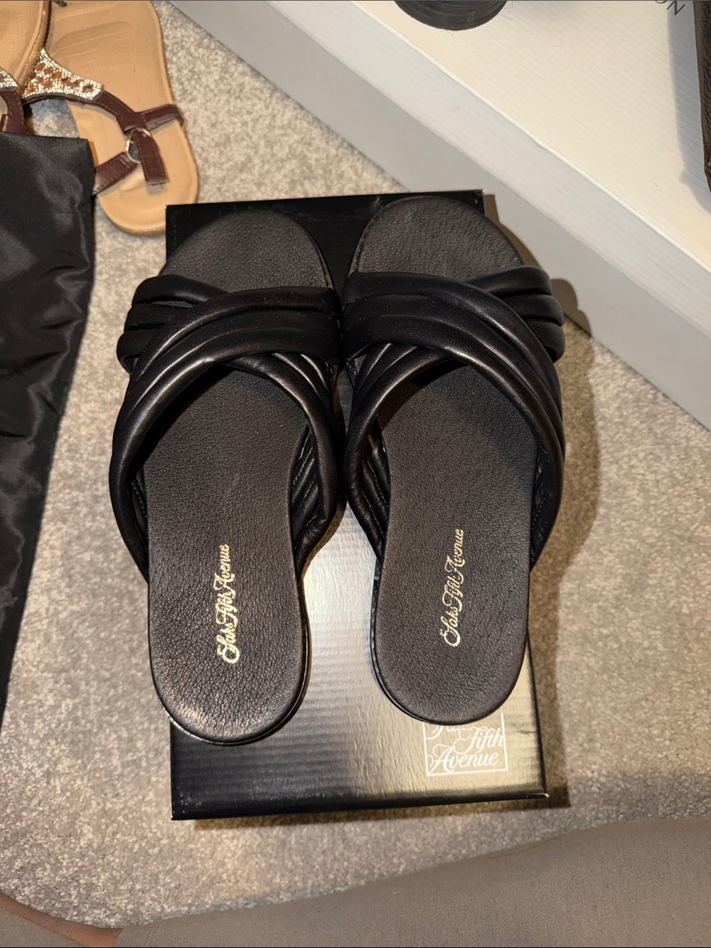 Saks Fifth Avenue Black Twisted Strap Slide Sandals